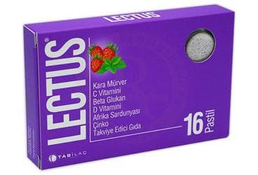 LECTUS KARA MURVER, C VITAMINI, BETA GLUKAN, D VITAMINI, AFRIKA SARDUNYASI VE CINKO ICEREN TAKVIYE EDICI GIDA 16 pastil İlaç Görseli
