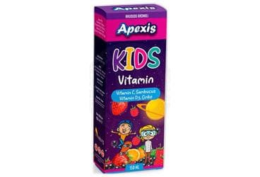 APEXIS KIDS SAMBUCUS AHUDUDU AROMALI SURUP VITAMIN C, SAMBUCUS, VITAMIN D3, CINKO ICEREN TAKVIYE EDICI GIDA 150 ml şişe İlaç Görseli