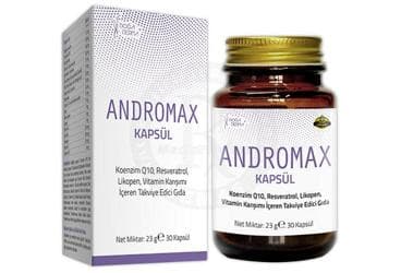 ANDROMAX KAPSUL KOENZIM Q10, RESVERATROL, LIKOPEN, VITAMIN KARISIMI ICEREN TAKVIYE EDICI GIDA 30 kapsül İlaç Görseli