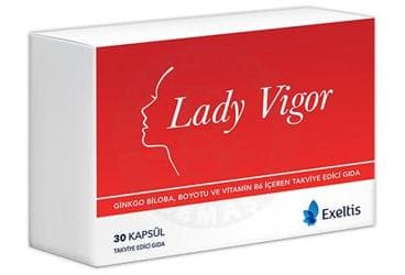 LADY VIGOR GINKGO BILOBA, BOYOTU VE VITAMIN B6 ICEREN TAKVIYE EDICI GIDA 30 kapsül İlaç Görseli