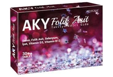 AKY FOLIK ASIT, DEMIR, SELENYUM, IYOT, VITAMIN D3 VE VITAMIN B12 ICEREN TAKVIYE EDICI GIDA 30 tablet İlaç Görseli