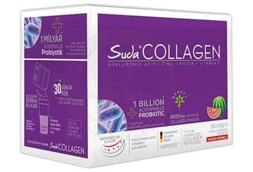 SUDA COLLAGEN HYALURONIC ACID, ZINC, BIOTIN, VITAMIN C ICEREN KARPUZ AROMALI TAKVIYE EDICI GIDA 30 saşe İlaç Görseli