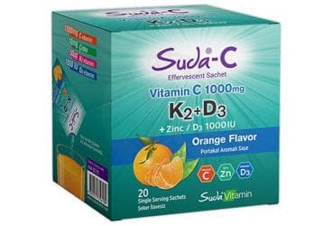 SUDA-C VITAMIN C, K2+D3, ZINC (CINKO), ICEREN PORTAKAL AROMALI EFERVESAN SASE 20 saşe İlaç Görseli