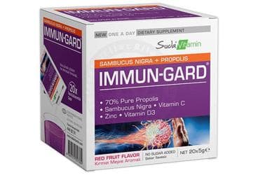 SUDA VITAMIN IMMUN-GARD PROPOLIS, SAMBUCUS NIGRA, CINKO, C VITAMINI VE PROBIYOTIK BULUNAN TAKVIYE EDICI GIDA 60 saşe İlaç Görseli