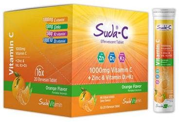 SUDA-C VITAMIN C, CINKO VE D3K2 ICEREN ICEREN PORTAKAL AROMALI TAKVIYE EDICI GIDA EFERVESAN TABLET 20 tablet İlaç Görseli