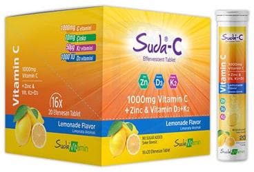 SUDA-C VITAMIN C, CINKO VE D3K2 ICEREN LIMON AROMALI TAKVIYE EDICI GIDA EFERVESAN TABLET 20 tablet İlaç Görseli