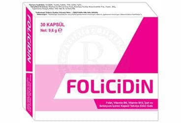 FOLICIDIN FOLAT, VITAMIN B6, VITAMIN B12, IYOT VE SELENYUM ICEREN KAPSUL TAKVIYE EDICI GIDA 30 kapsül İlaç Görseli