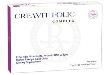 CREAVIT FOLIC COMPLEX FOLIK ASIT, VITAMIN B6, VITAMIN B12 VE IYOT ICEREN TAKVIYE EDICI GIDA 30 tablet İlaç Görseli