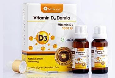 MEDICAGO VITAMIN D3 DAMLA VITAMIN D ICEREN TAKVIYE EDICI GIDA 1000 IU 2x20 ml şişe İlaç Görseli