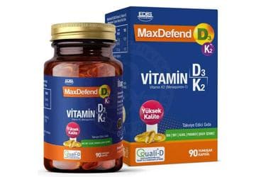 MAXDEFEND D3K2 VITAMIN D3, VITAMIN K2 (MENAQUINON-7) ICEREN TAKVIYE EDICI GIDA 90 kapsül İlaç Görseli