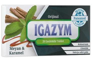 IGAZYM MEYAN VE KARAMEL AROMALI KOLOSTRUM VE LISOZIM ICEREN TAKVIYE EDICI GIDA 20 tablet İlaç Görseli
