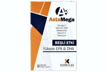 ASTAMEGA OMEGA 3 KOENZIM Q10 ASTAKSANTIN VITAMIN E VE SELENYUM ICEREN TAKVIYE EDICI GIDA 30 kapsül İlaç Görseli