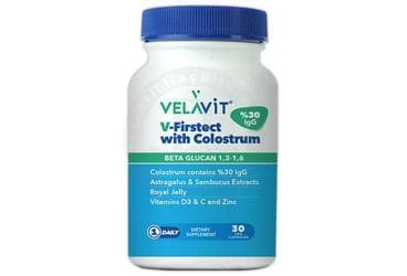 VELAVIT V-FIRSTECT WITH COLOSTRUM KOLOSTRUM, ARI SUTU VE VITAMIN ICEREN TAKVIYE EDICI GIDA 30 kapsül İlaç Görseli