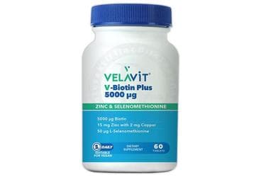 VELAVIT V-BIOTIN PLUS BIOTIN, CINKO VE SELENYUMLU TAKVIYE EDICI GIDA 5000 mcg 60 tablet İlaç Görseli