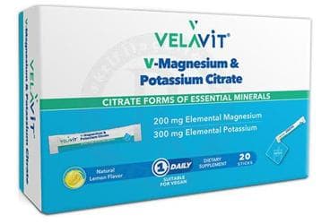 VELAVIT V-MAGNESIUM POTASSIUM CITRATE MAGNEZYUM, POTASYUM SITRAT ICEREN TAKVIYE EDICI GIDA 20 saşe İlaç Görseli