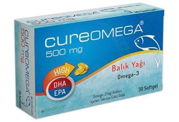 CUREOMEGA BALIK YAGI, OMEGA-3 YAG ASITLERI ICEREN TAKVIYE EDICI GIDA 500 mg 30 kapsül İlaç Görseli