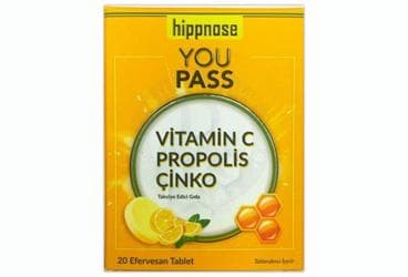 HIPPNOSE YOU PASS VITAMIN C, PROPOLIS, CINKO ICEREN TAKVIYE EDICI GIDA EFERVESAN TABLET 20 tablet İlaç Görseli