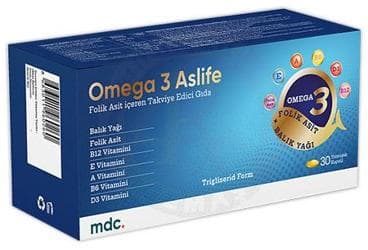 MDC OMEGA 3 ASLIFE FOLIK ASIT ICEREN TAKVIYE EDICI GIDA YUMUSAK KAPSUL 30 kapsül İlaç Görseli