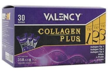VALENCY COLLAGEN PLUS KOLAJEN TIP 1/2/3, GLISIN, L-PROLIN, L-LIZIN ICEREN TAKVIYE EDICI GIDA 30 saşe İlaç Görseli