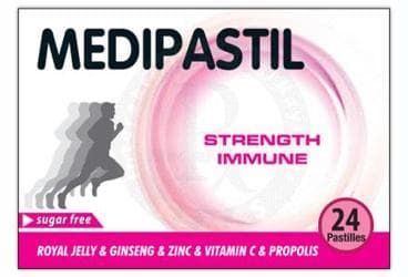 MEDIPASTIL STRENGTH IMMUNE ARI SUTU, GINSENG, CINKO, VITAMIN C, PROPOLIS 24 pastil İlaç Görseli