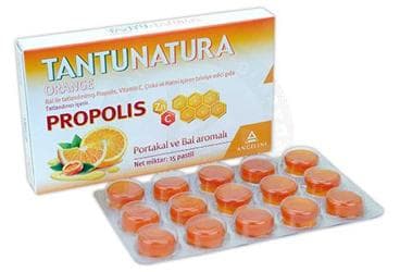 TANTUNATURA ORANGE BAL ILE TATLANDIRILMIS PROPOLIS, VITAMIN C, CINKO VE HATMI ICEREN TAKVIYE EDICI GIDA 15 pastil İlaç Görseli