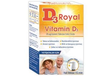D3 ROYAL VITAMIN D3 ICEREN TAKVIYE EDICI GIDA 1000 IU 15 ml şişe İlaç Görseli