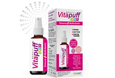 VITAPUFF KARA MURVER, BETA GLUKAN, VITAMIN C, VITAMIN D3, VITAMIN B12, CINKO VE KUSBURNU ICEREN TAKVIYE EDICI GIDA 30 ml İlaç Görseli