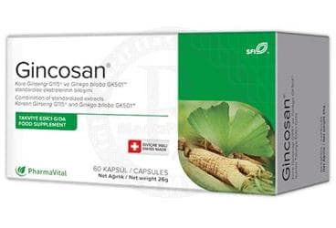 GINCOSAN KORE GINSENGI G115 VE GINKGO BILOBA GK501 STANDARDIZE EKSTRELERININ BILESIMINI ICEREN TAKVIYE EDICI GIDA 60 kapsül İlaç Görseli