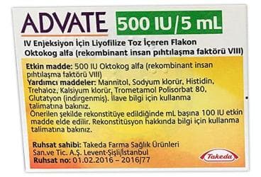 ADVATE 500 IU/5 ML IV ENJEKSIYON ICIN LIYOFILIZE TOZ ICEREN FLAKON İlaç Görseli