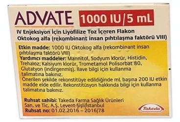 ADVATE 1000 IU/5 ML IV ENJEKSIYON ICIN LIYOFILIZE TOZ ICEREN FLAKON İlaç Görseli