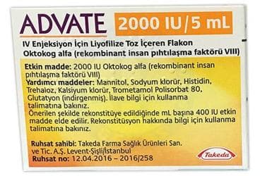 ADVATE 2000 IU/5 ML IV ENJEKSIYON ICIN LIYOFILIZE TOZ ICEREN FLAKON İlaç Görseli