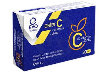 EVO PHARMA ESTER C, VITAMIN D VE CINKO ICEREN TAKVIYE EDICI GIDA TABLET 30 tablet Takviye Ürün Görseli